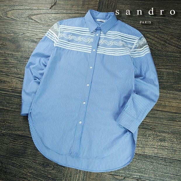 [산드로] 레이스 도킹 스트라이프 셔츠 블라우스 스카이 M21456