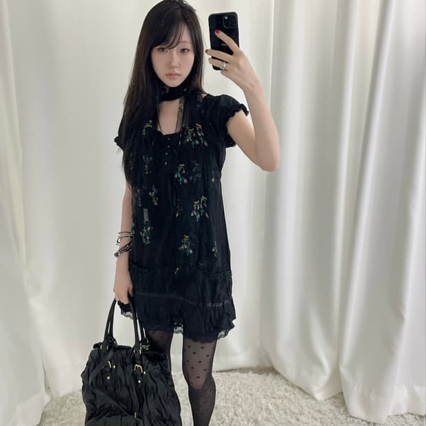 블랙 페어리 페미닌 미니 원피스 플라워 코디세트