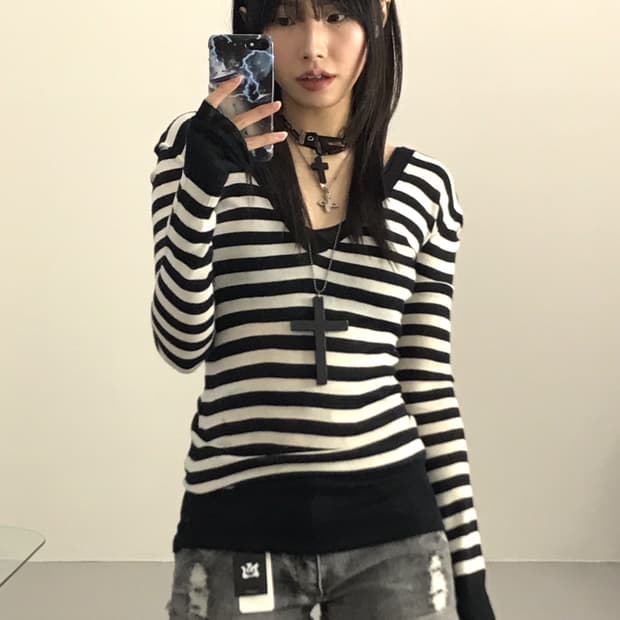 Jpn Slim Striped Sweaters Hoodie