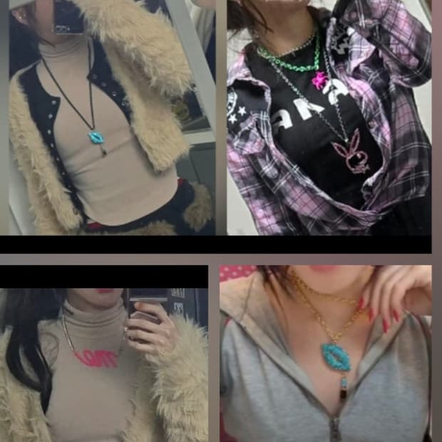 갸루 비비드 민트큐빅립. 핑크말 목걸이.빅핑크미