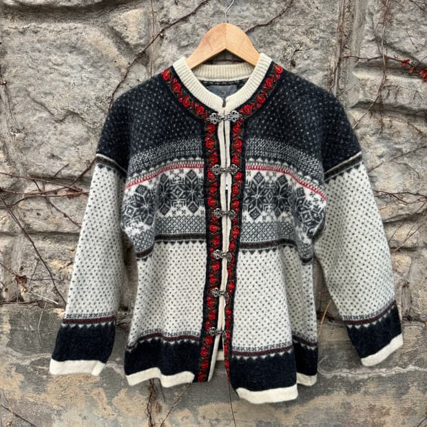 80s 스쿼 밸리 노르딕 패턴 빈티지 후크 울 니트 가디건 L