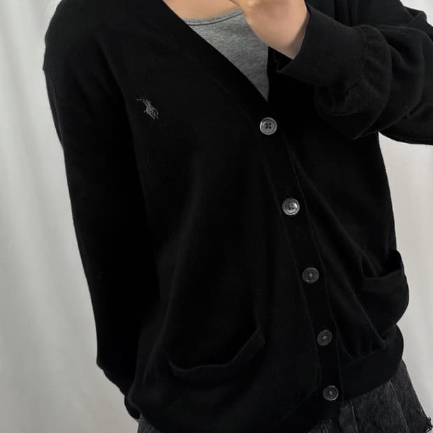 폴로 블랙 피마 코튼 브이넥 가디건