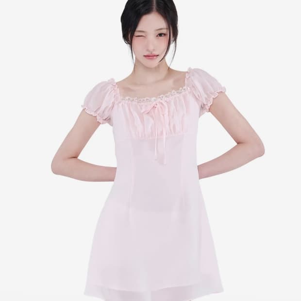 Alkial Alka 퍼프 쉬폰 미니드레스 핑크