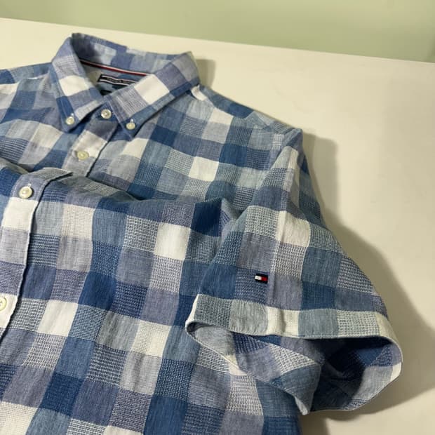 95 M-L 타미힐피거 윈도우체크 반팔린넨셔츠