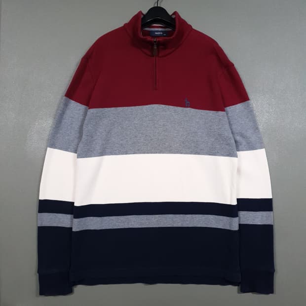 헤지스 신형 20FW 컬러블록 면 하프집업 코튼 니트 스웨터 긴팔티 L