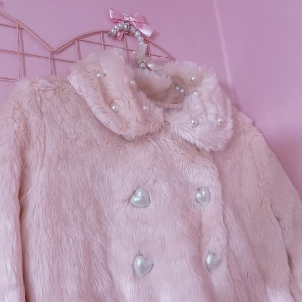 (교환) 디어리 진주 하트 버튼 핑크 퍼 코트 히메갸루