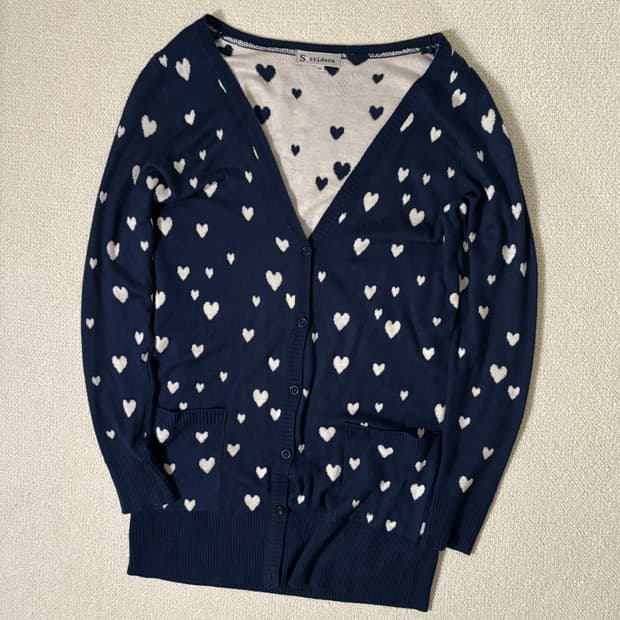 일본빈티지 sorridere 네이비 하트 도트 브이넥 가디건