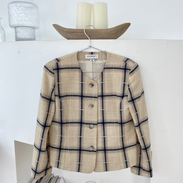 빈티지 플래드 라운드넥 울 재킷 (Italian Fabric)