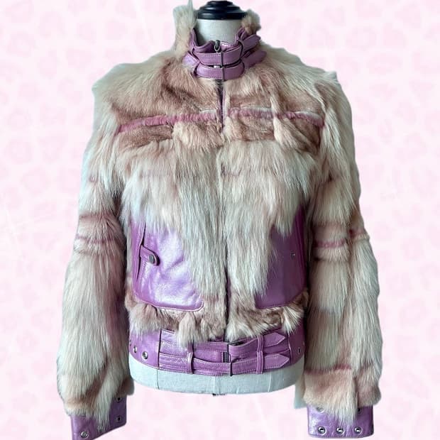 2000s vintage Y2K 핑크 폭스퍼 레더 바이커 베스트 히메갸루