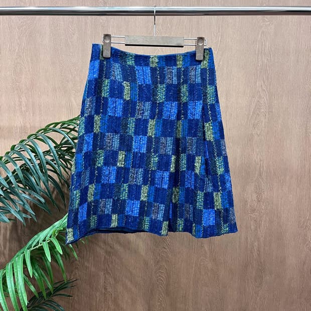 안나수이 니트 미디 스커트 컬러믹스 체크 패턴 디테일 A라인 블루