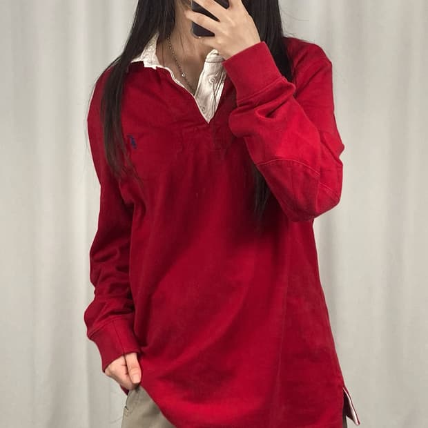 폴로 레드 엘보우 패치 긴팔 럭비티