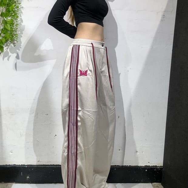 일본 빈티지 베이지 버건디 사이드 라인 와이드 트랙 팬츠 추리닝 바지 