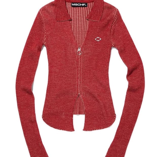 미스치프 니티드 롱 슬리브 셔츠집업 _ 레드 베이지