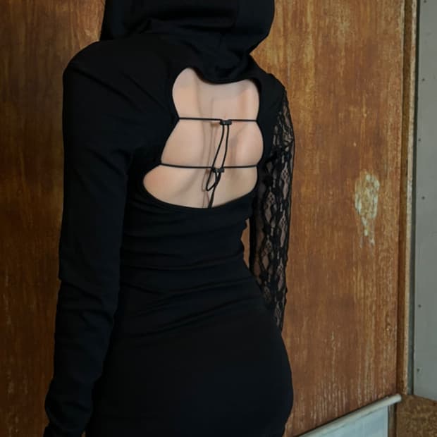 bnfrom 블랙 미니 드레스 FROM LACE HOOD OPS  M