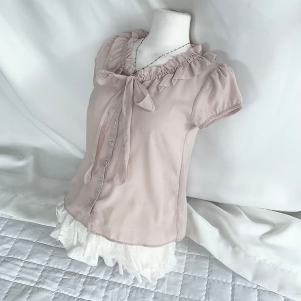 뮤트연핑크 ♥ 히메갸루 쉬폰 리본 블라우스