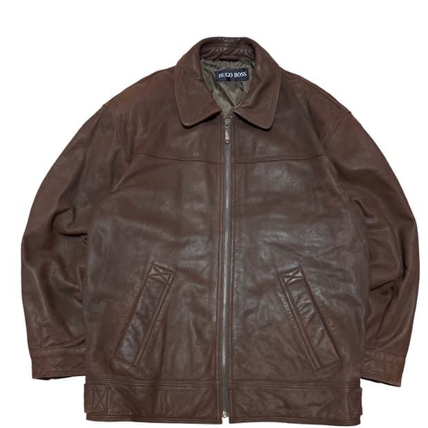 휴고 보스 브라운 레더 블루종 자켓