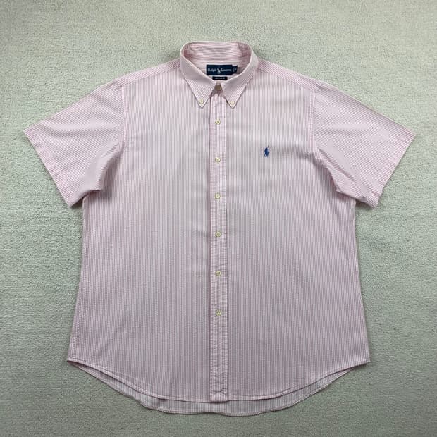 폴로 랄프로렌 포니로고 커스텀핏 시어서커 핑크 스트라이프 하프셔츠