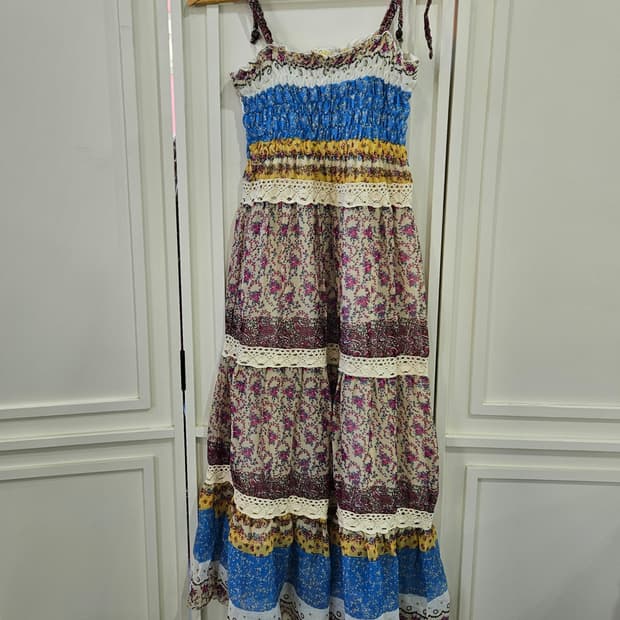 플라워 패턴 롱 원피스 끈나시 원피스