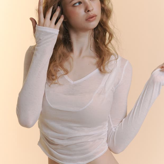 플리즈노팔로우 모아 드레이프 후디 롱슬리브 탑 화이트
