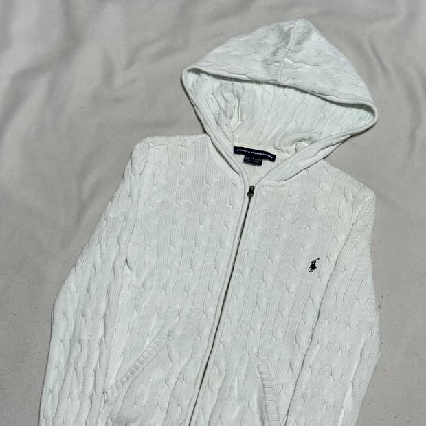 S 폴로 스포츠 여성용 화이트 케이블 후드 니트집업 