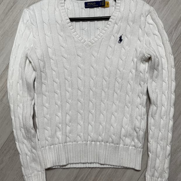 폴로 랄프로렌 화이트 꽈배기 케이블 우먼 브이넥 니트