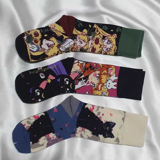 그린 크림베이지 퍼플핑크 해바라기 고양이 소녀 양말