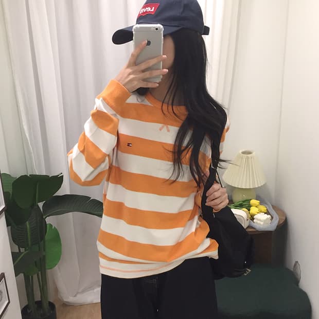 여성 타미 스트라이프 긴팔티 100