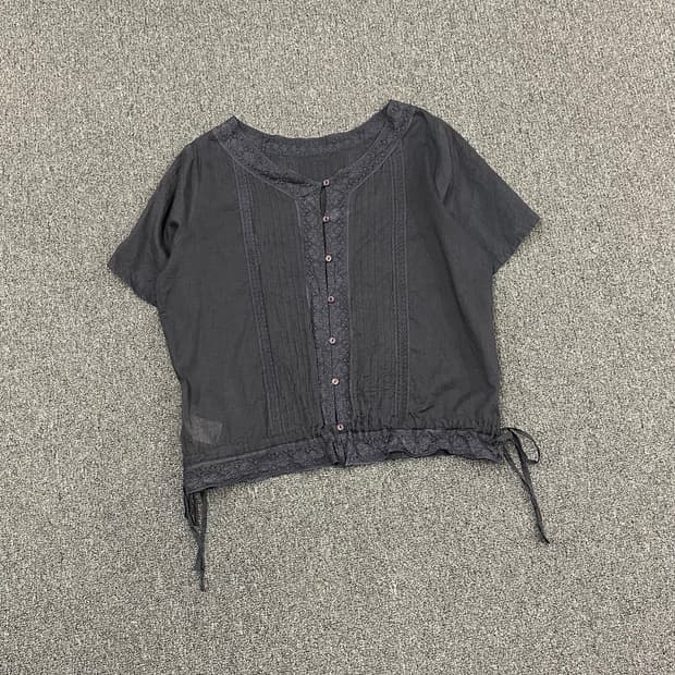 M)Japanese vintage 여성 네이비 레이스 디테일 블라우스