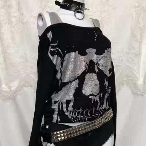 펑크 해골 오프숄더 긴팔