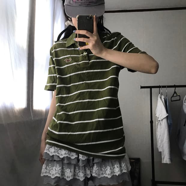홀리스터 카키 스트라이프 반팔티셔츠