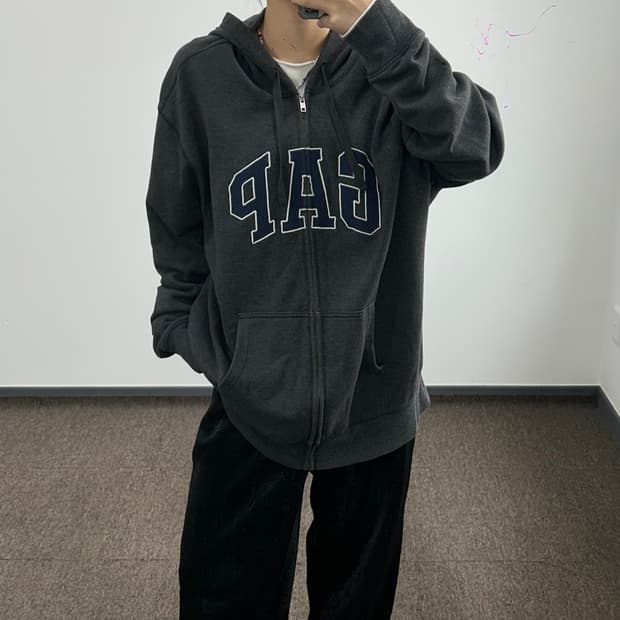 Gap 갭 네이비로고 차콜 기모 후드집업
