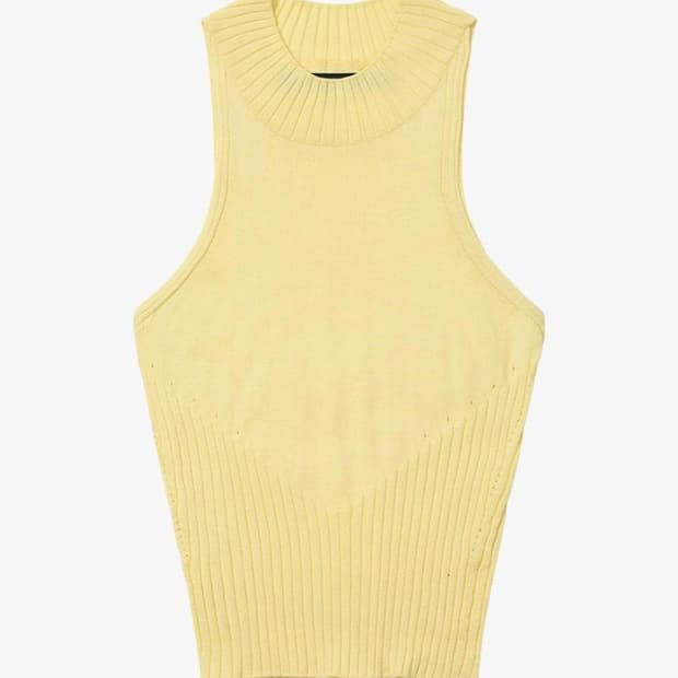 웰빙익스프레스 옐로우 슬리브리스 홀터넥 니트