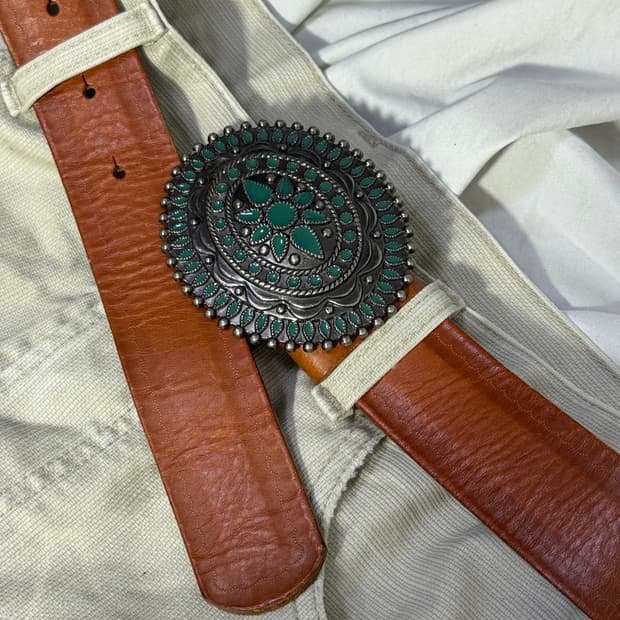 빈티지 에메랄드 스터드 웨스턴 버클 벨트 콘초 네이티브 아메리칸
