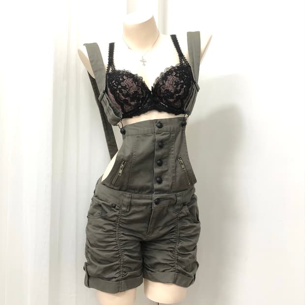 khaki shirring detail suspender shorts