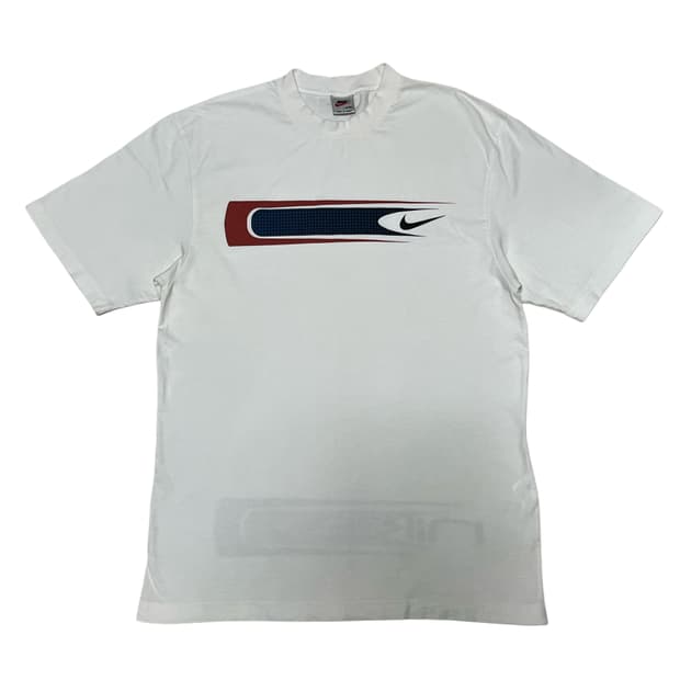 빈티지 나이키 1990년대 Y2K 트리컬러 스피드 그래픽 티셔츠입니다. 