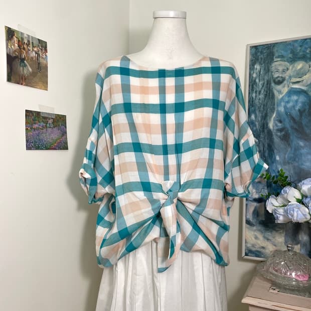 bluegreen beige check bow point summer b