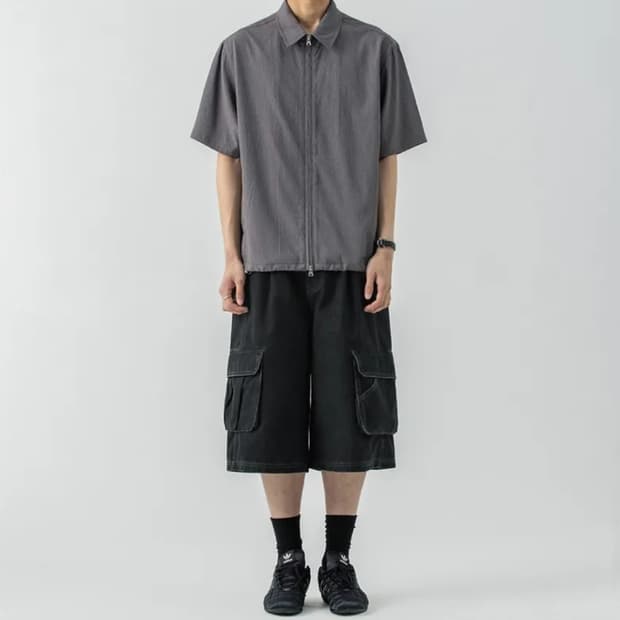 [M] 밀로아카이브 시어서커 집업 하프 셔츠 다크 그레이