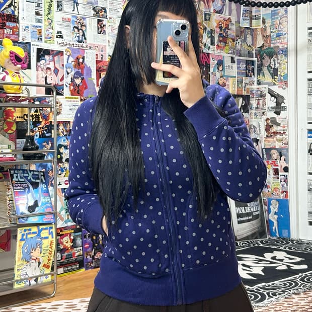 JPN 퍼플 도트 땡땡이 퍼 후드집업