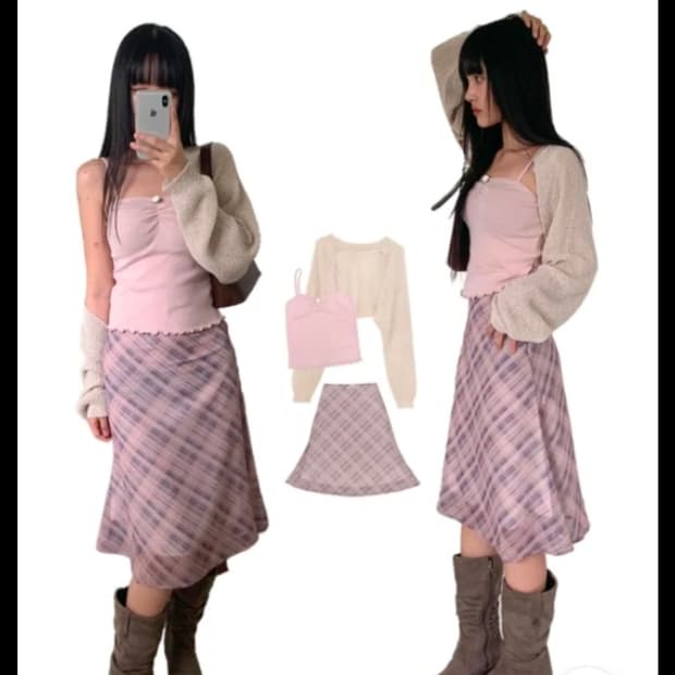 핑크 체크 미디 스커트