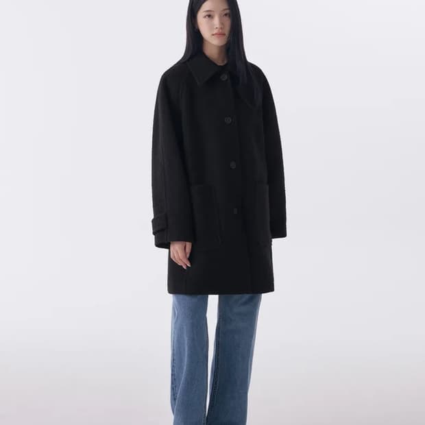 우먼즈 울 블렌드 부클 발마칸 하프 코트 [블랙]