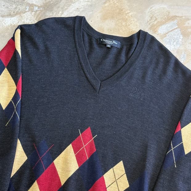 105 크리스찬 디올 아가일 패턴 블랙 브이넥 니트