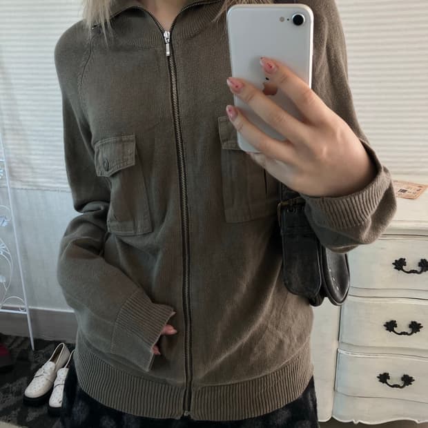 jpn vintage y2K 카키 포켓 니트 집업