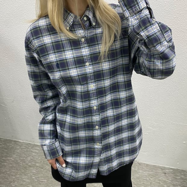 폴로 랄프로렌 네이비포니 그린체크 셔츠 L