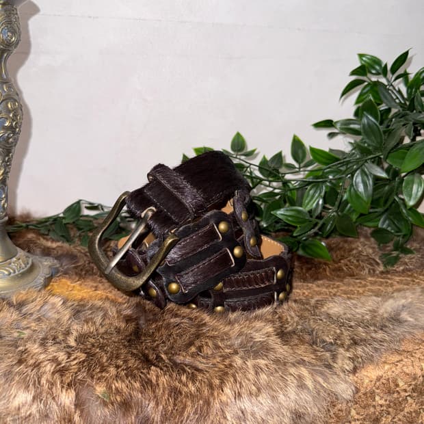 Dark brown calf fur stud buckle belt 