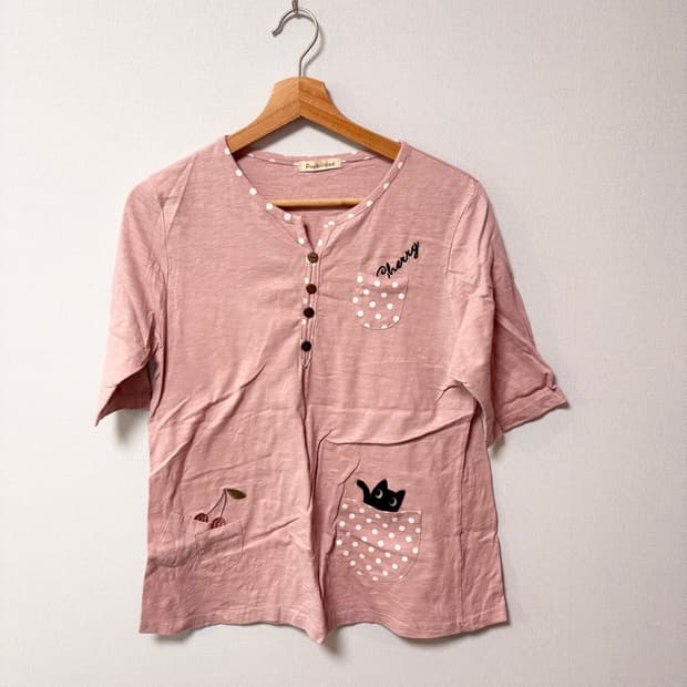 핑크 고양이 모리걸 반팔 티셔츠 일본 빈티지