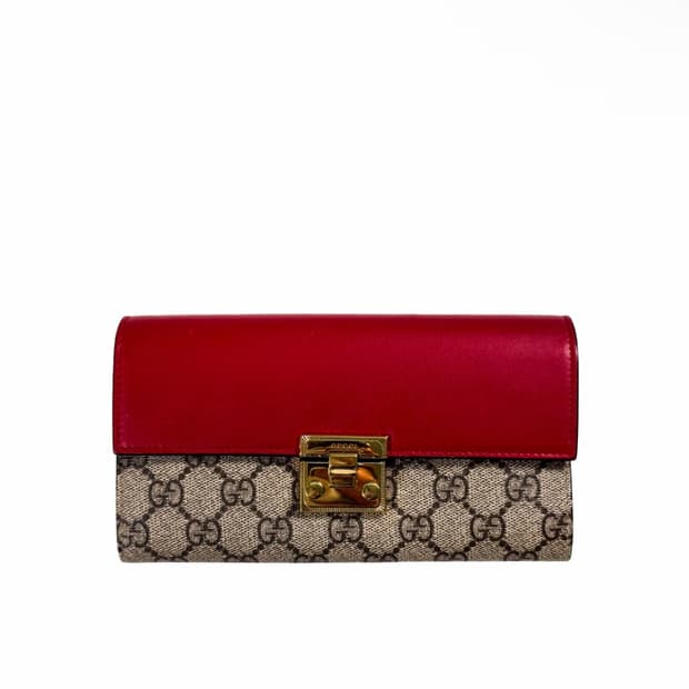 구찌 여성 GG 슈프림 패들락 체인 장지갑 레드 금장