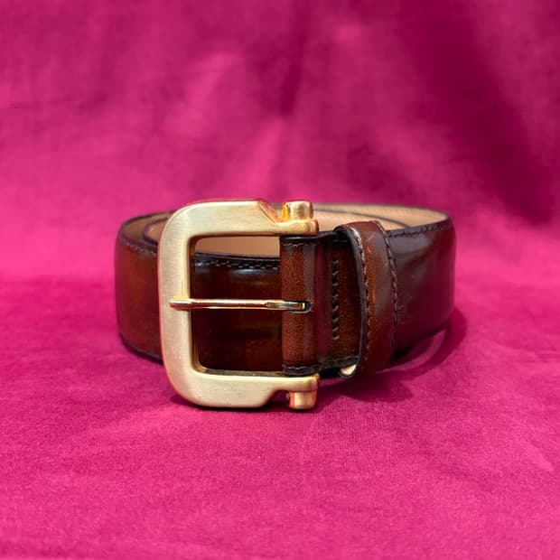 골든 버클 핸드 바니시드 레더 벨트 made in USA