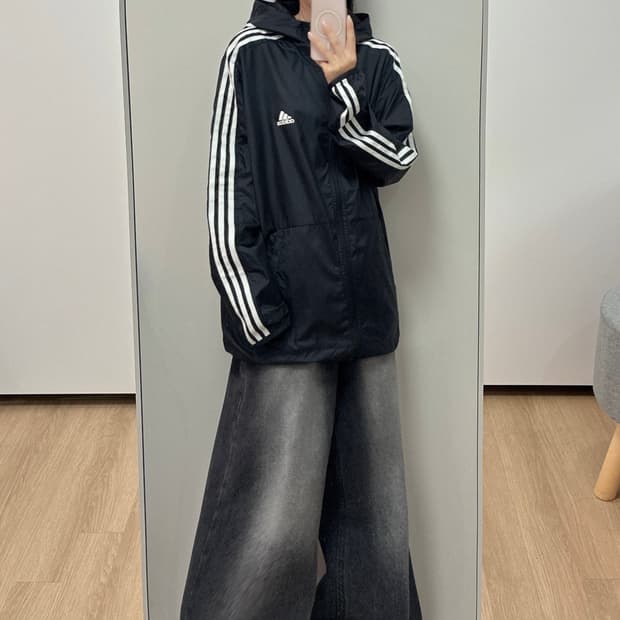 아디다스 우븐 삼선 블랙 후드 바람막이 자켓