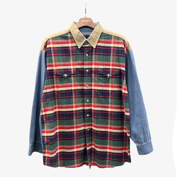 USA VINTAGE 체크 데님셔츠 홀리데이 컬러 패턴 언발란스 디테일