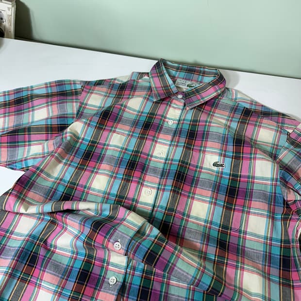 95 M 라코스테 체크 투포켓 악어로고 체크 반팔셔츠